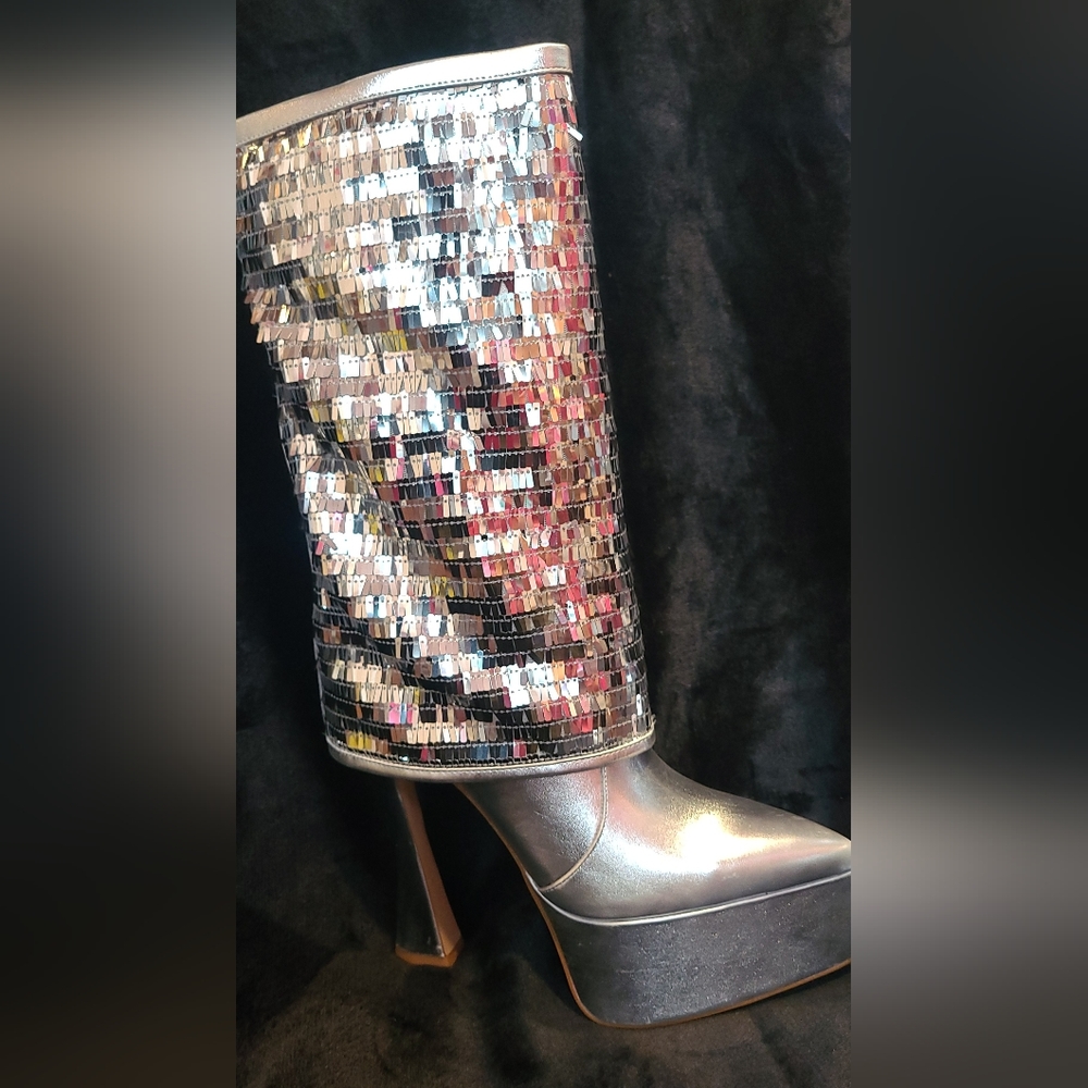 Silver Sequin Platform Mule Boots - Women's High Heel - Picture 4 of 15